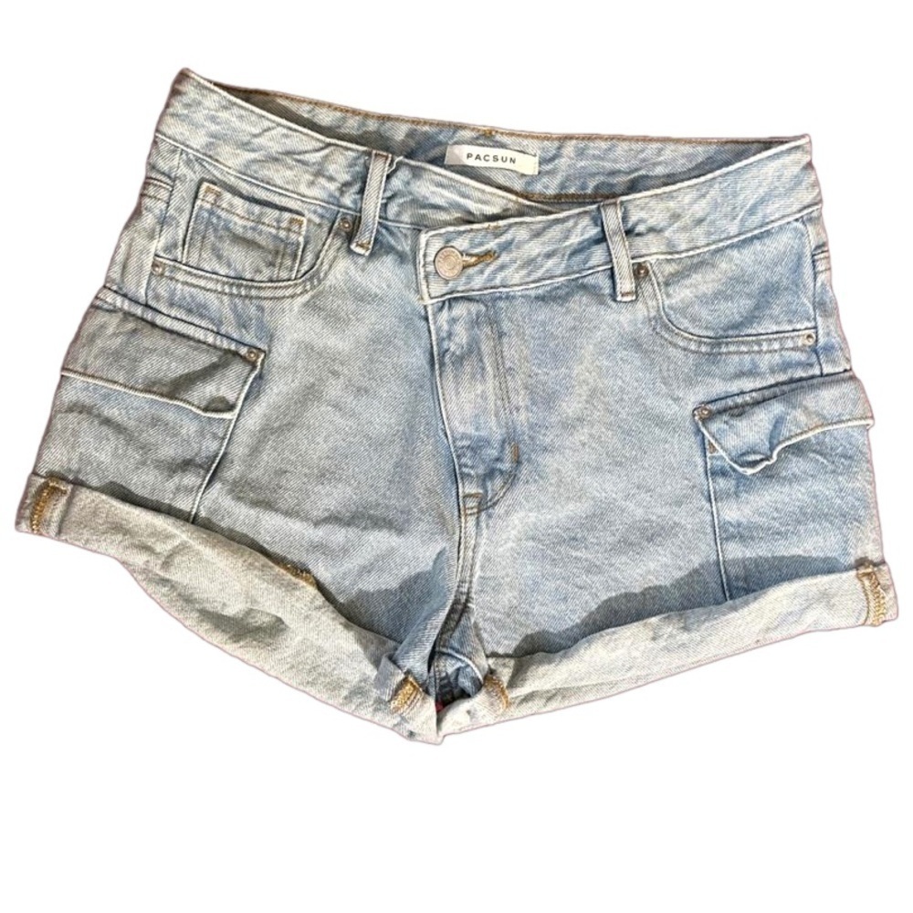 PacSun Ultra High Rise Cargo Jean Shorts light blue denim size 26